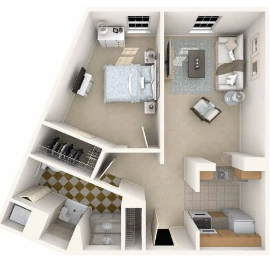 A 3D rendered floor plan of a small apartment featuring a bedroom, living room, kitchen, and bathroom.