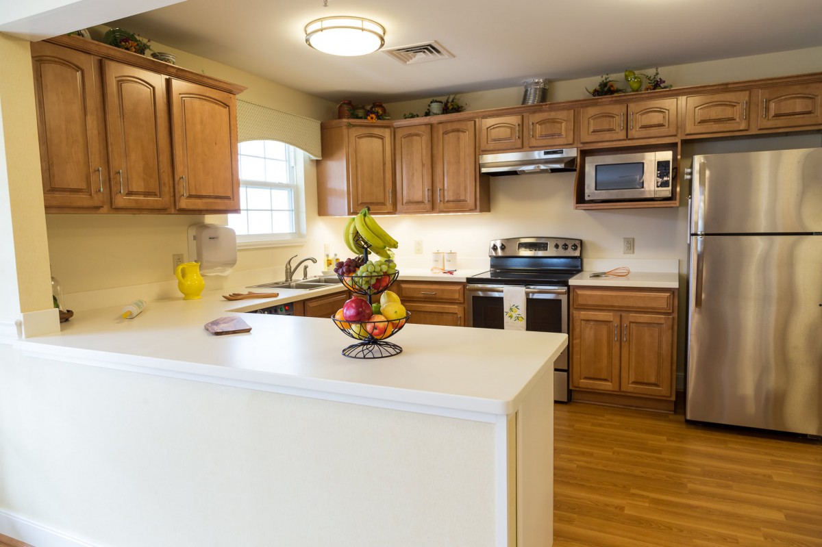 A modern kitchen with wooden cabinets, countertop, and fruit bowl centerpiece.