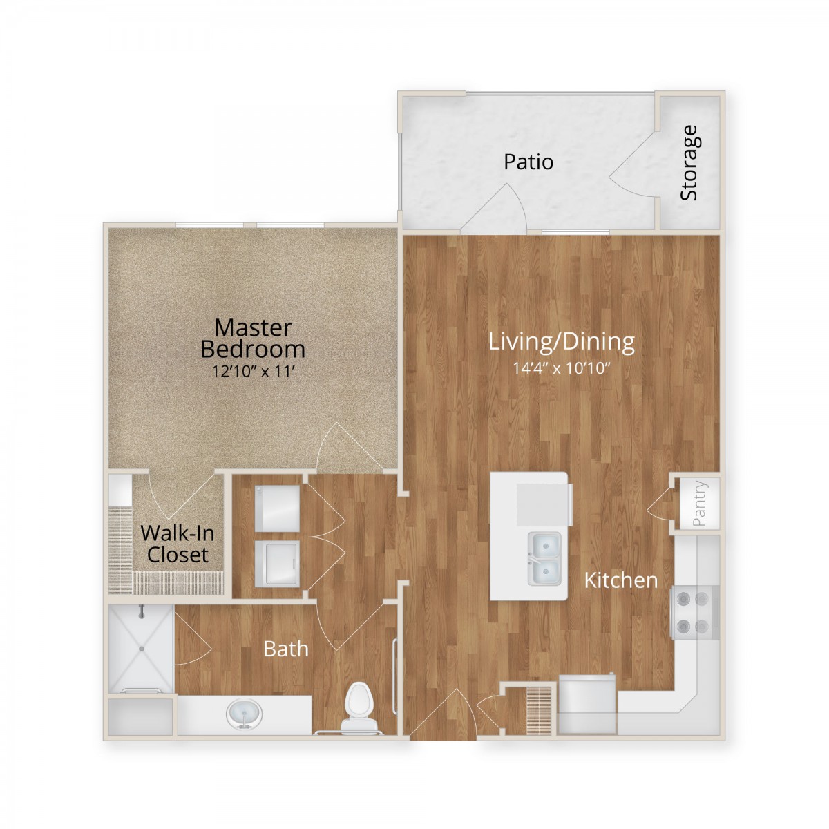 A floor plan of a one-bedroom apartment featuring a living/dining area, kitchen, master bedroom with walk-in closet, bathroom, and patio.