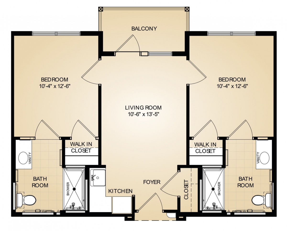 A detailed floor plan of a two-bedroom apartment, featuring a living room, kitchen, two bathrooms, and a balcony.