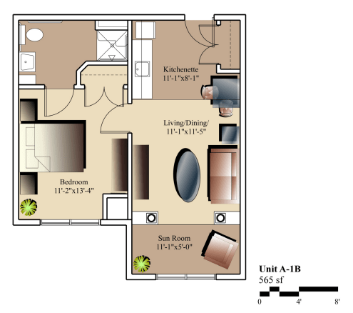 A detailed floor plan of a one-bedroom apartment, showcasing the layout of rooms, including a bedroom, bathroom, kitchen, and living/dining area.