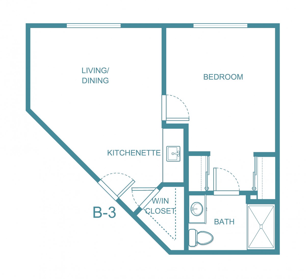 A floor plan layout for a one-bedroom apartment, featuring a living/dining area, kitchenette, wine closet, bath, and bedroom.