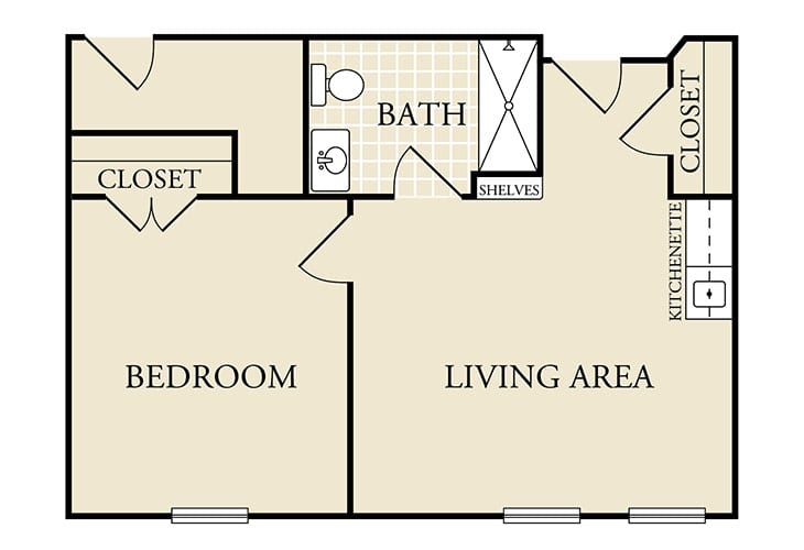 A floor plan of a one-bedroom apartment featuring a living area, bathroom, and closet.