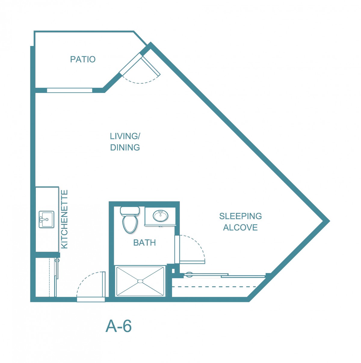 Studio apartment floor plan with sleeping alcove, kitchen, and living area.