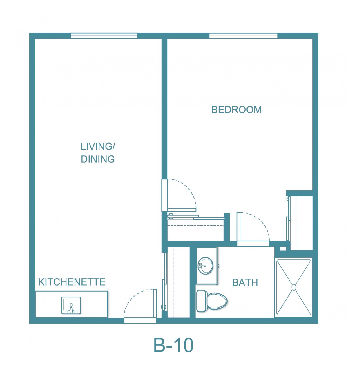 A blueprint of a one-bedroom apartment featuring a living/dining area, kitchenette, bathroom, and bedroom.