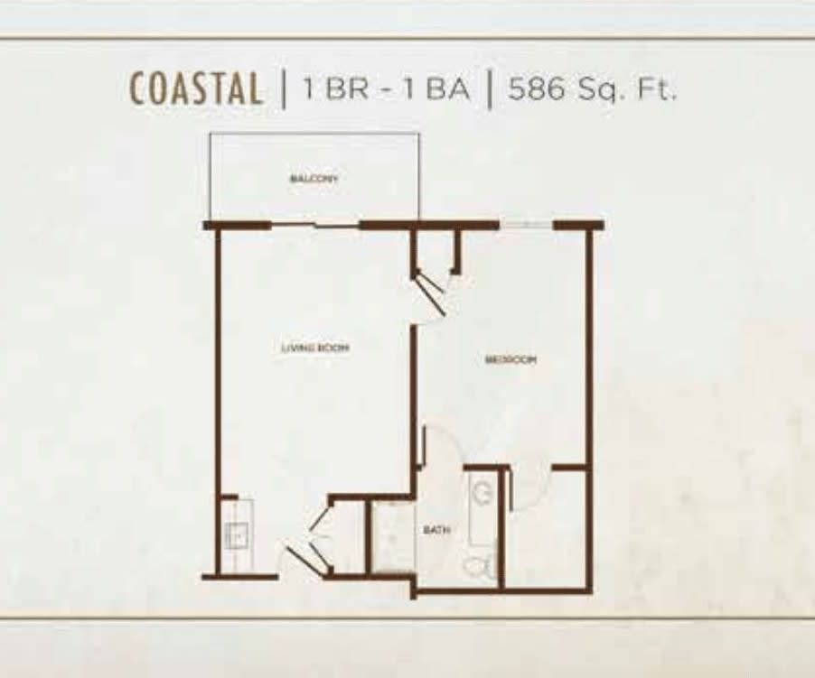 A floor plan of a coastal-themed apartment featuring 1 bedroom and 1 bathroom, with a total area of 586 square feet.
