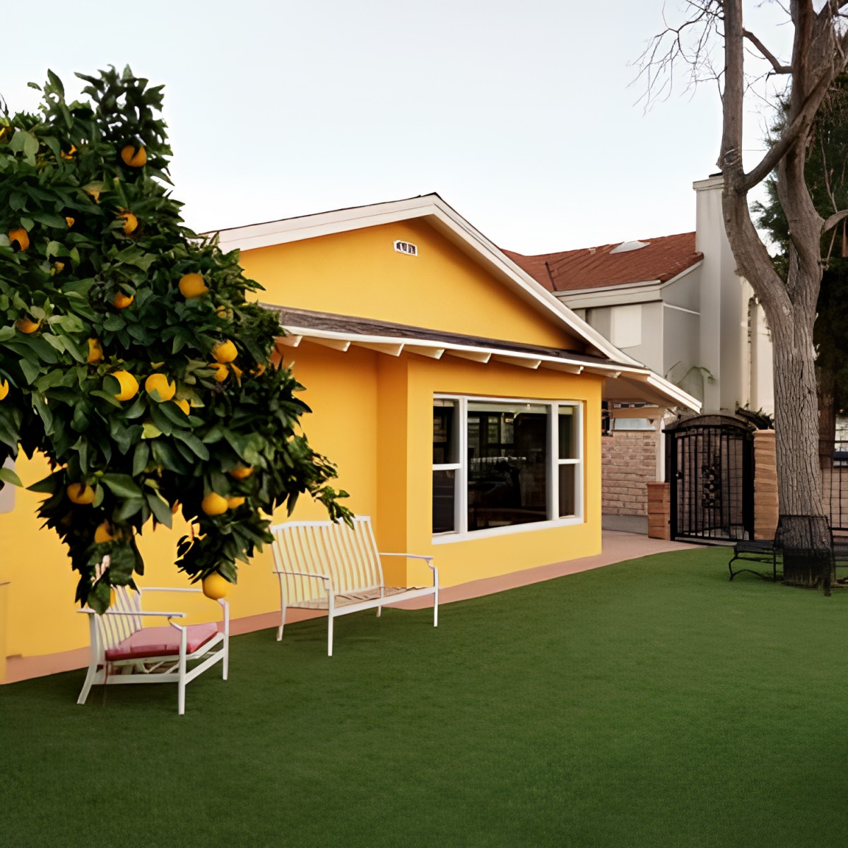 A bright yellow house with a tree and benches in the yard.