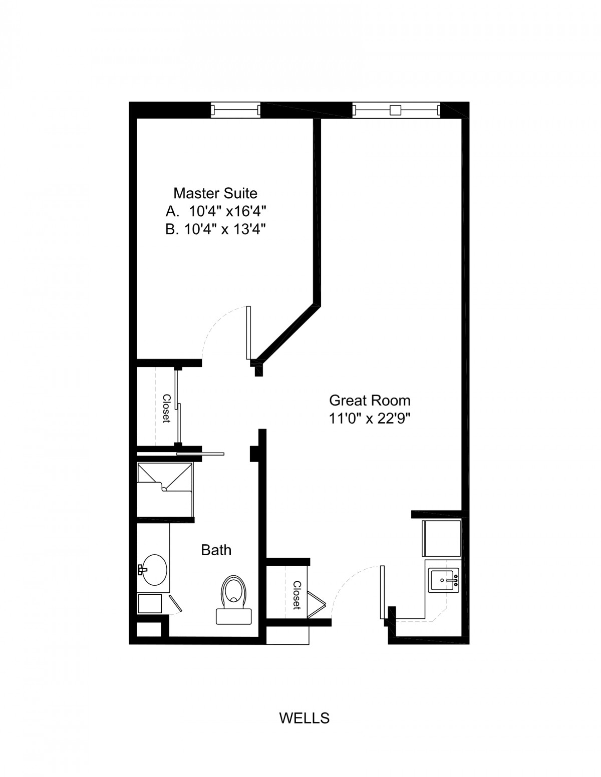 A floor plan of an apartment featuring a master suite and a great room.