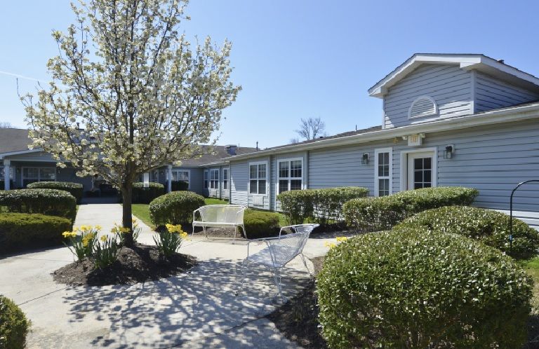 A sunny view of a residential area with a tree, pathway, and benches in the yard.