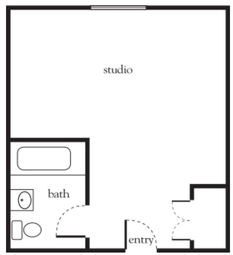 A floor plan of a studio apartment with an entryway and bathroom.