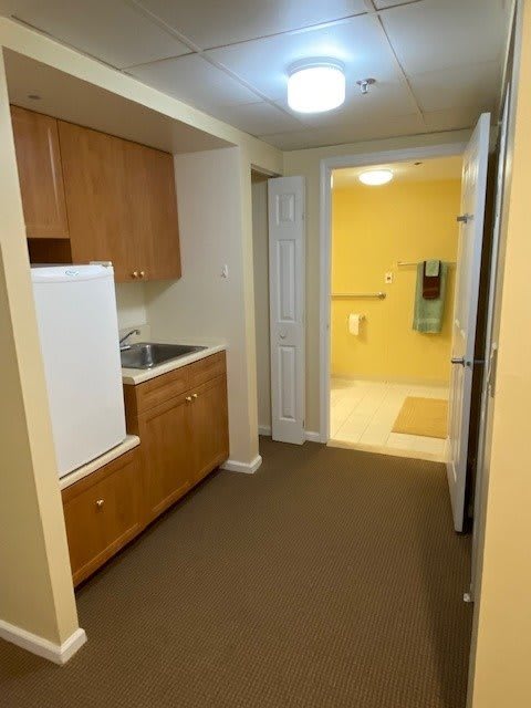 A compact kitchenette leading to a bathroom in a small apartment.