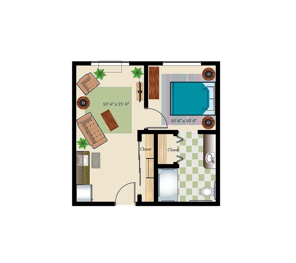 A compact one-bedroom apartment floor plan with a living room, kitchen, and bathroom.