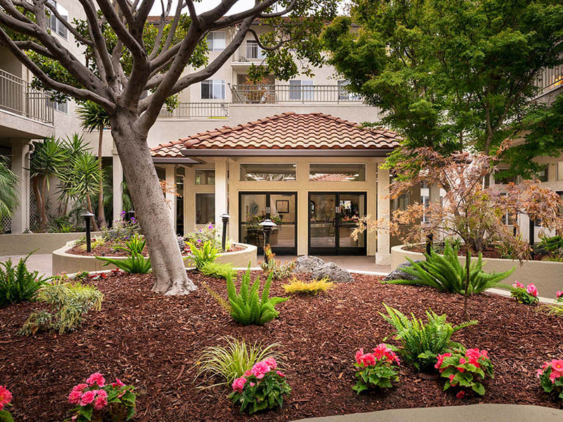A beautifully landscaped entrance to a building, surrounded by lush greenery and vibrant flowers.
