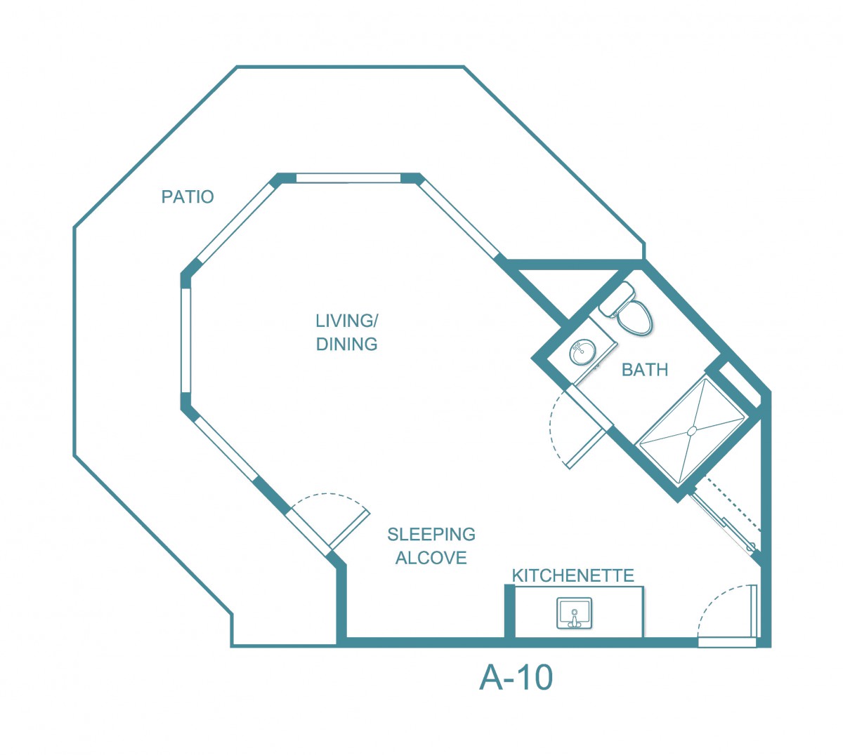 An architectural floor plan depicting a single-room apartment layout with designated areas for living, sleeping, a bathroom, and a kitchen.