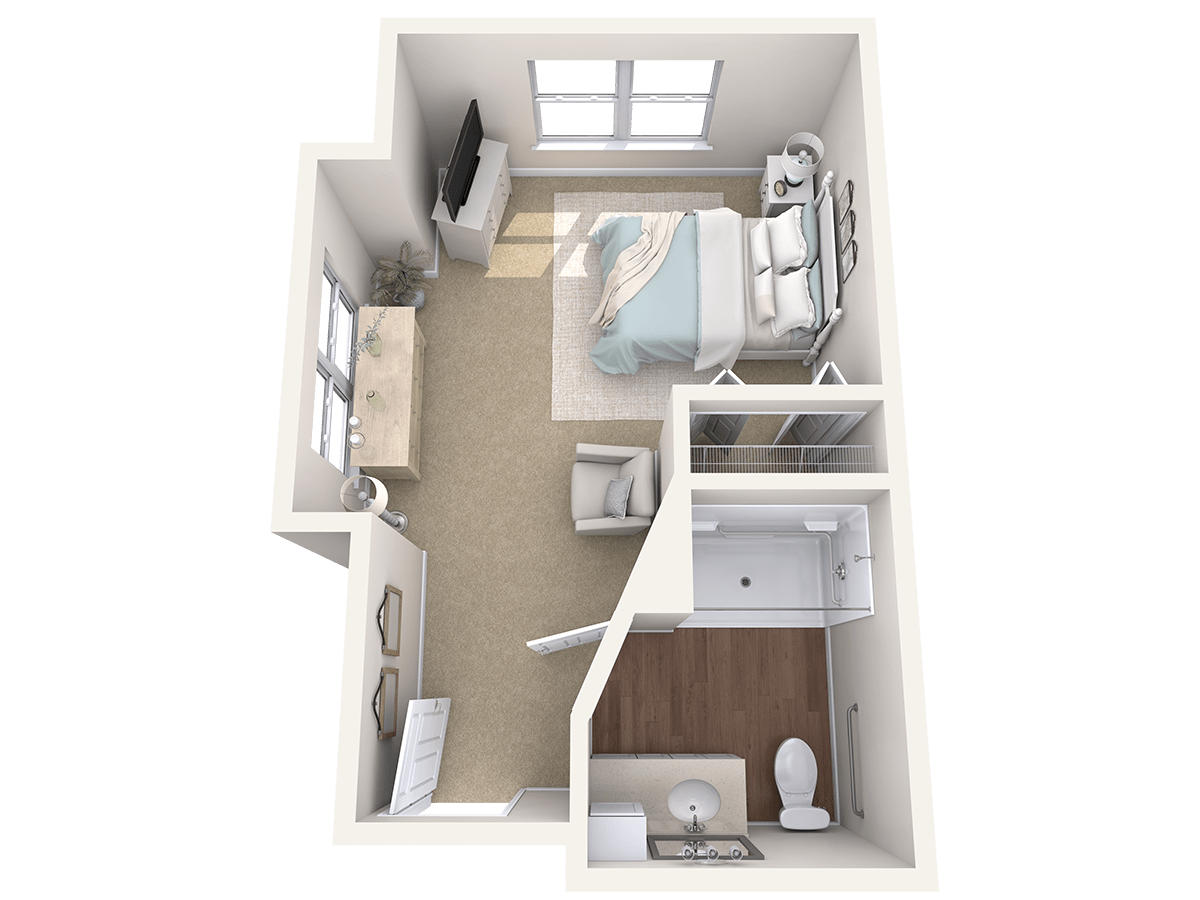 A 3D floor plan of a compact one-bedroom apartment showcasing efficient use of space.
