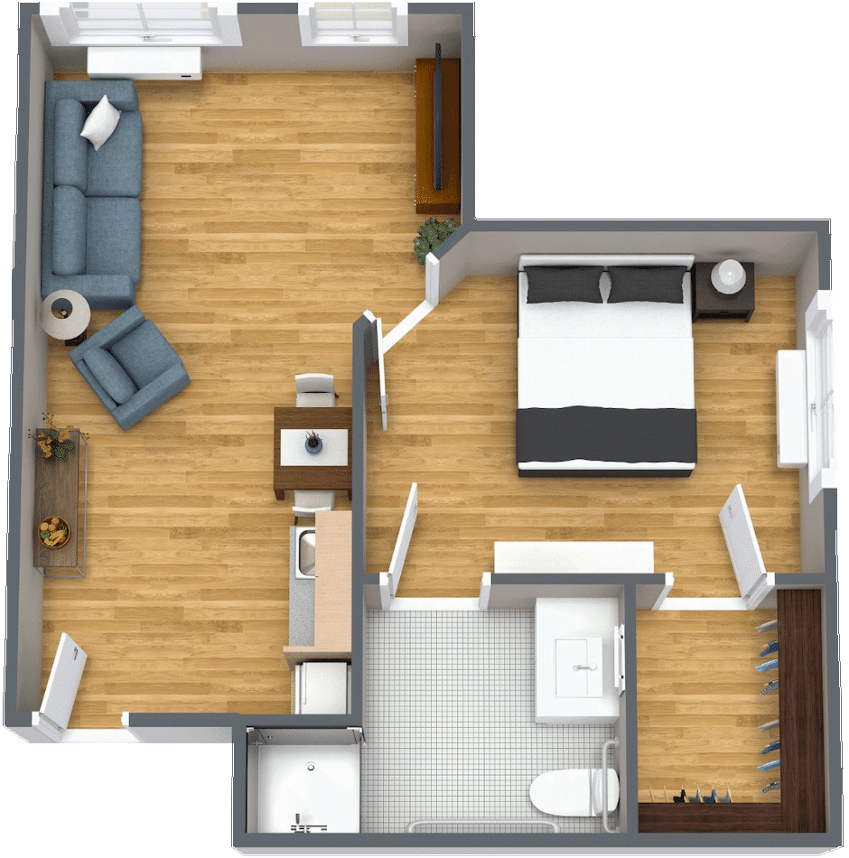 A detailed floor plan of a one-bedroom apartment featuring a living room, kitchen, bedroom, and bathroom.