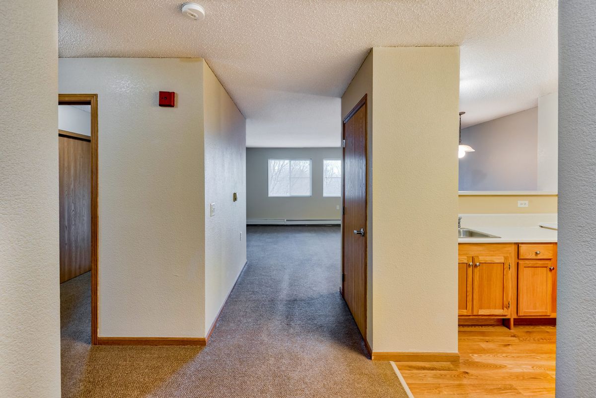 A spacious hallway with carpet flooring leading to a brightly lit room with wood accents.