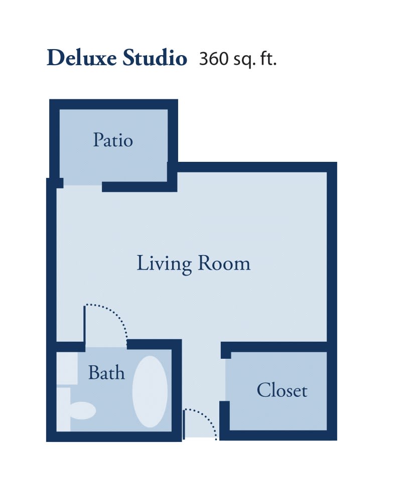 Floor plan of a 360 square foot Deluxe Studio, featuring a living room, bath, closet, and patio.