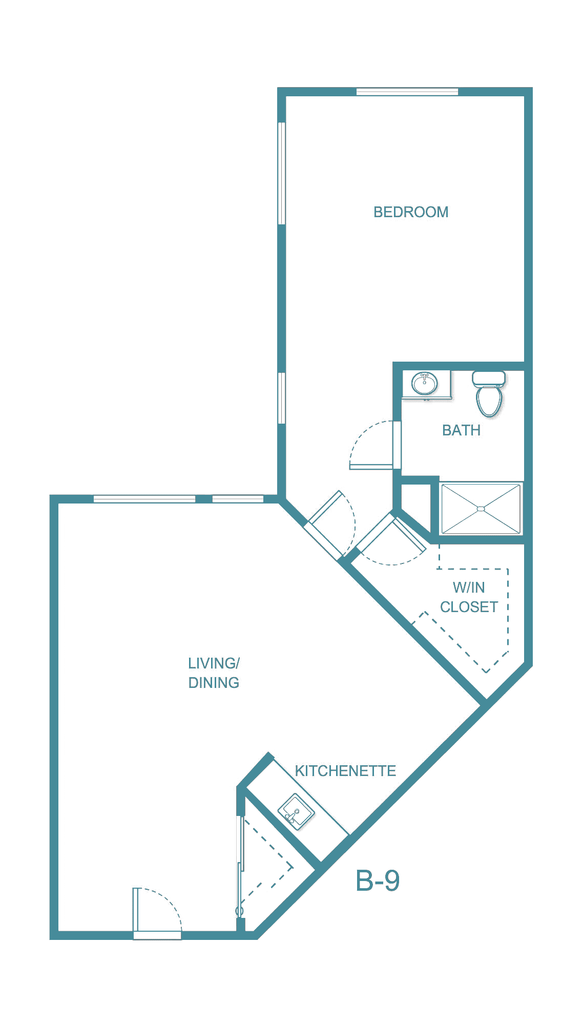 This is a floor plan showing the layout of a living area with a connected bathroom and closet.