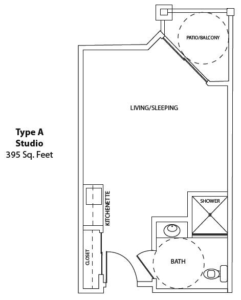 Type A Studio Apartment Floor Plan - 395 Sq. Feet