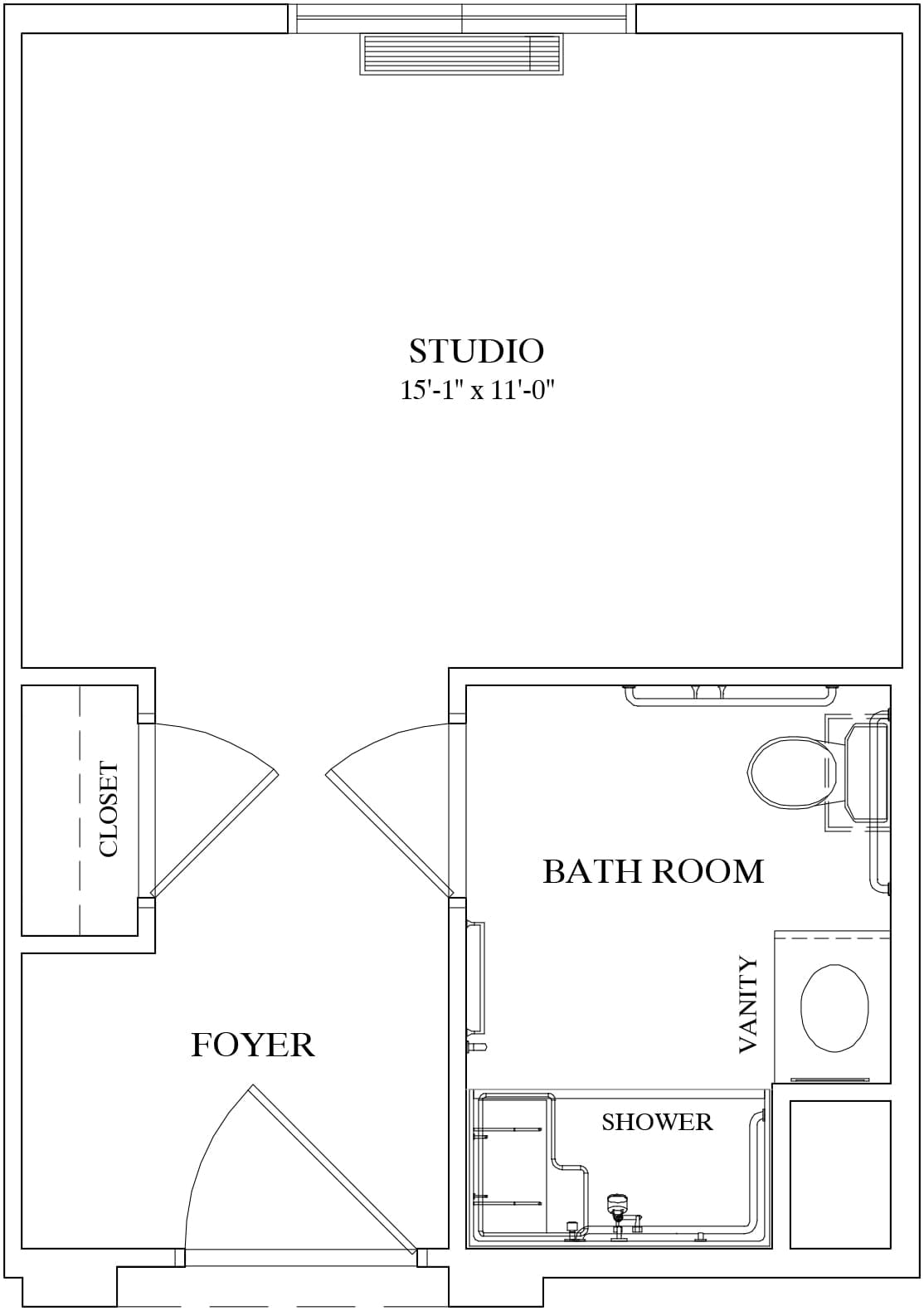 Floor plan of a studio apartment with a bathroom and closet.