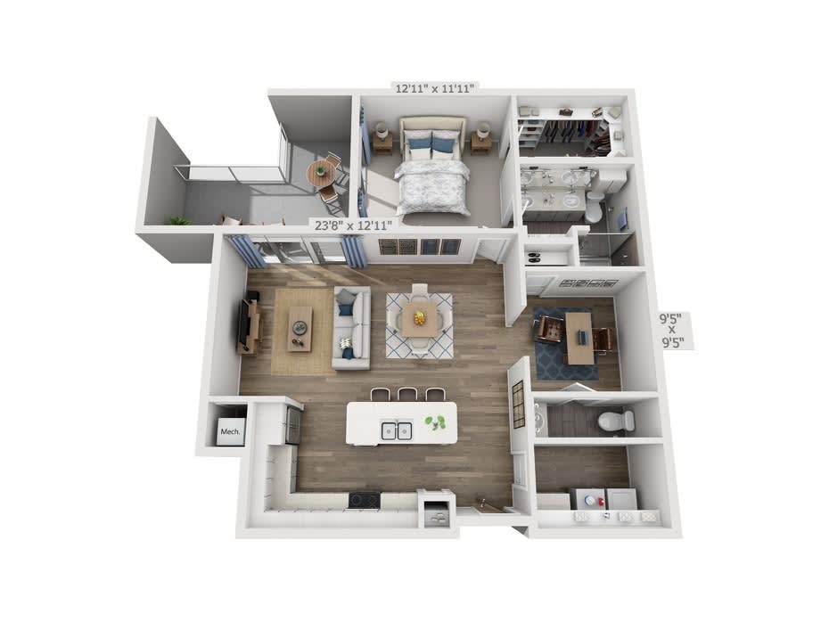 3D rendered floor plan of a modern apartment with various rooms