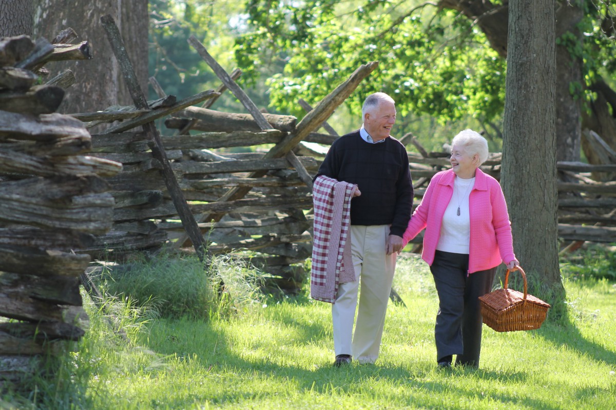 An elderly couple enjoying a leisurely walk in a scenic park.