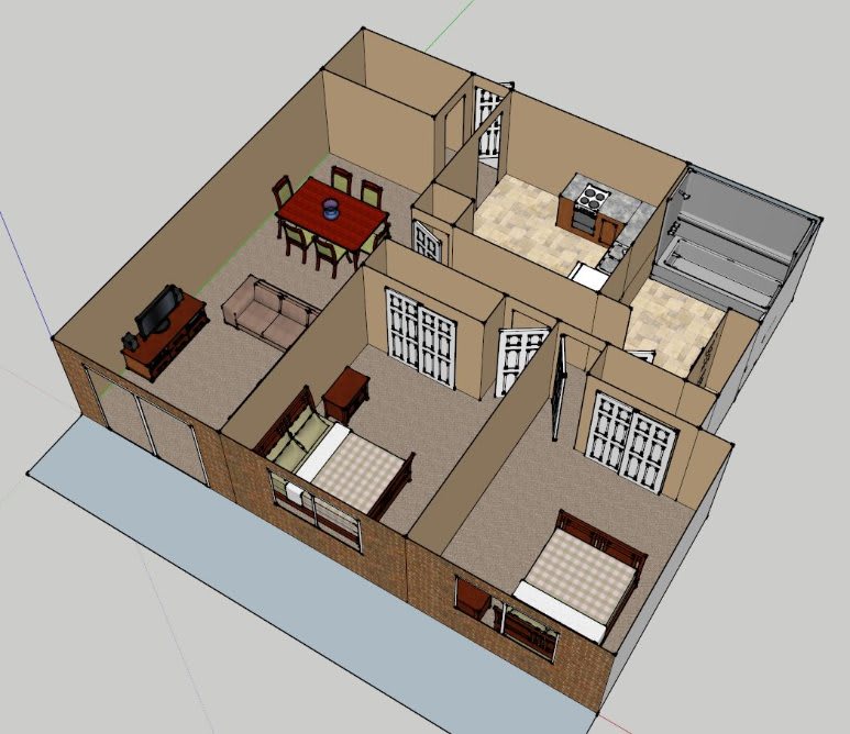 A 3D floor plan of an apartment showcasing the layout of rooms including a living area, dining space, bedrooms, and a bathroom.