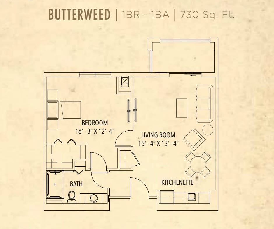 Floor plan of a Butterweed apartment featuring 1 bedroom, a living room, kitchen, and bathroom across 750 square feet.