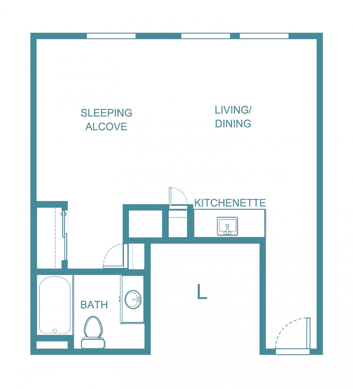 Studio apartment floor plan featuring a sleeping alcove, living/dining area, kitchenette, and bathroom.