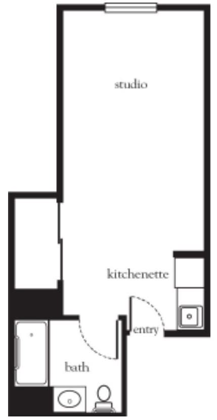 A floor plan illustrating a studio apartment layout with a kitchenette.