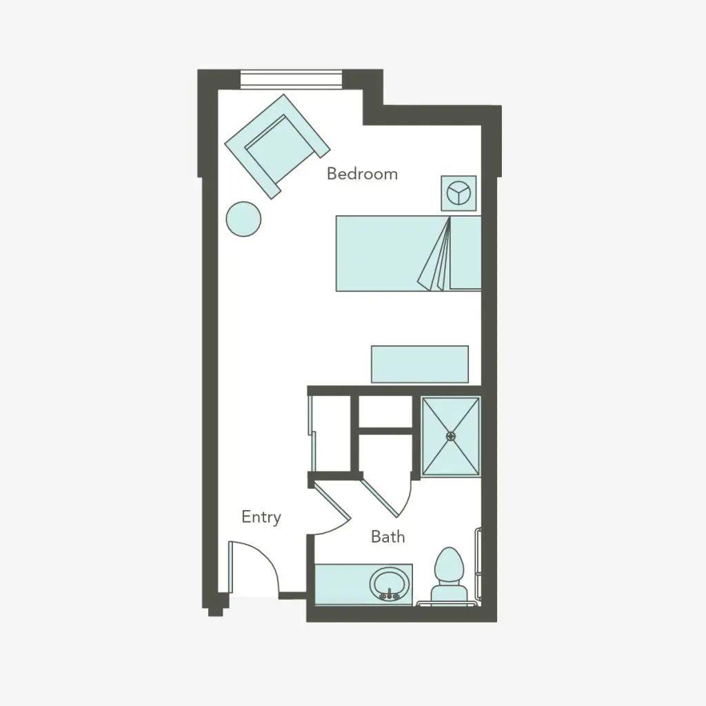 Studio apartment floor plan with bedroom and bathroom.