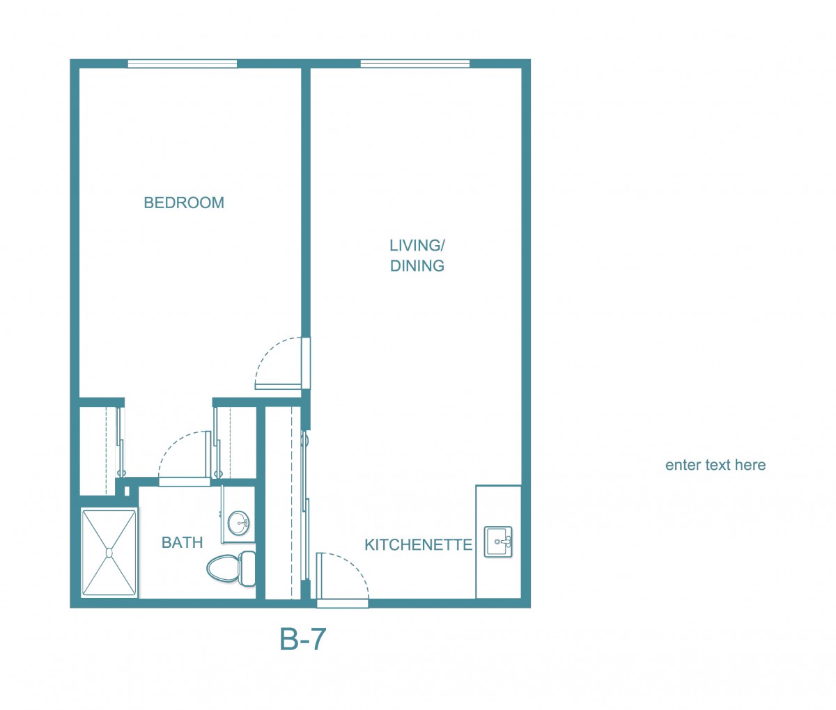 A floor plan showing a one-bedroom apartment layout with a living/dining area, kitchen, and bathroom.