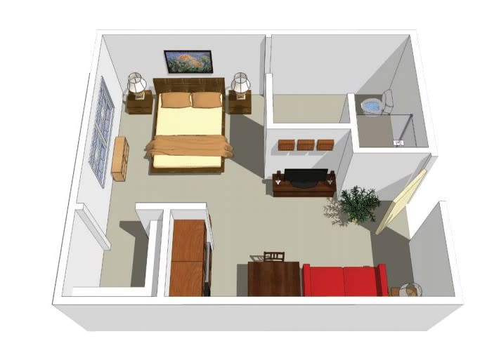 A 3D floor plan of a bedroom showing furniture arrangement and interior design elements.