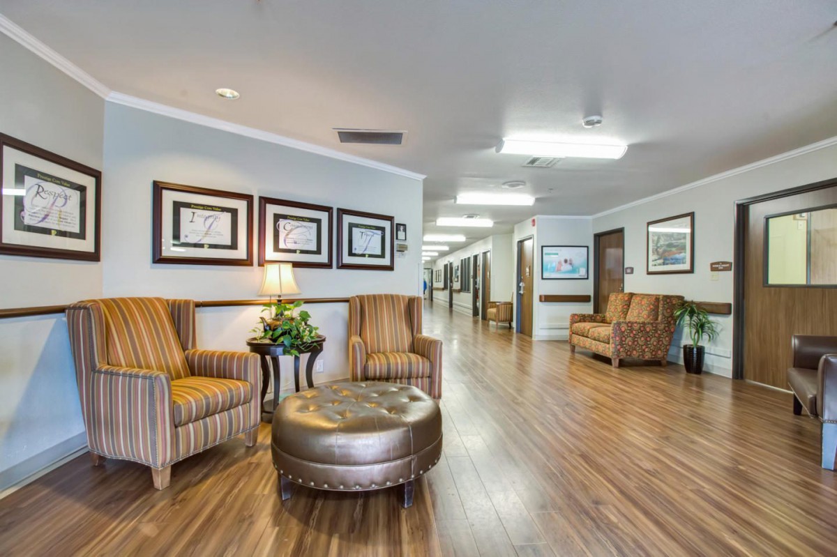 A spacious lobby area with comfortable seating and decor.
