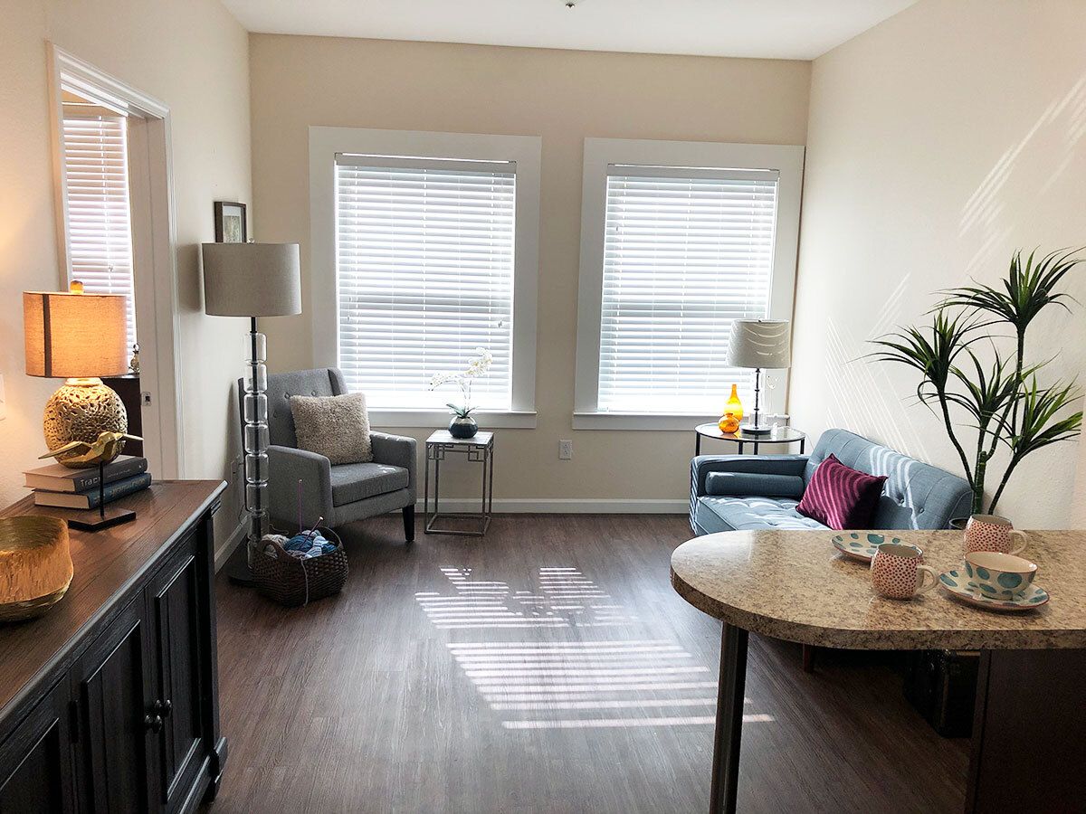 A modern living room with ample natural light streaming through two windows, featuring stylish furniture and decor.