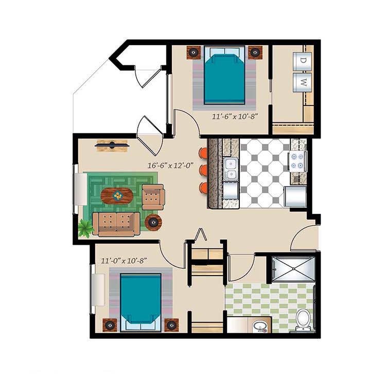 A two-bedroom apartment floor plan with a living room, kitchen, and bathroom.