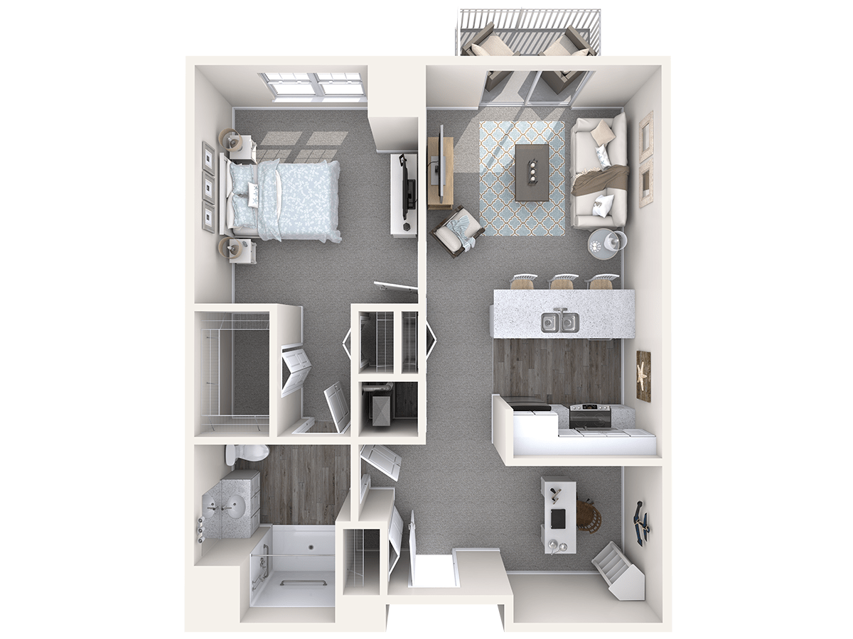 A top-down view of a one-bedroom apartment floor plan, featuring a kitchen, living room, bathroom, and dining area.