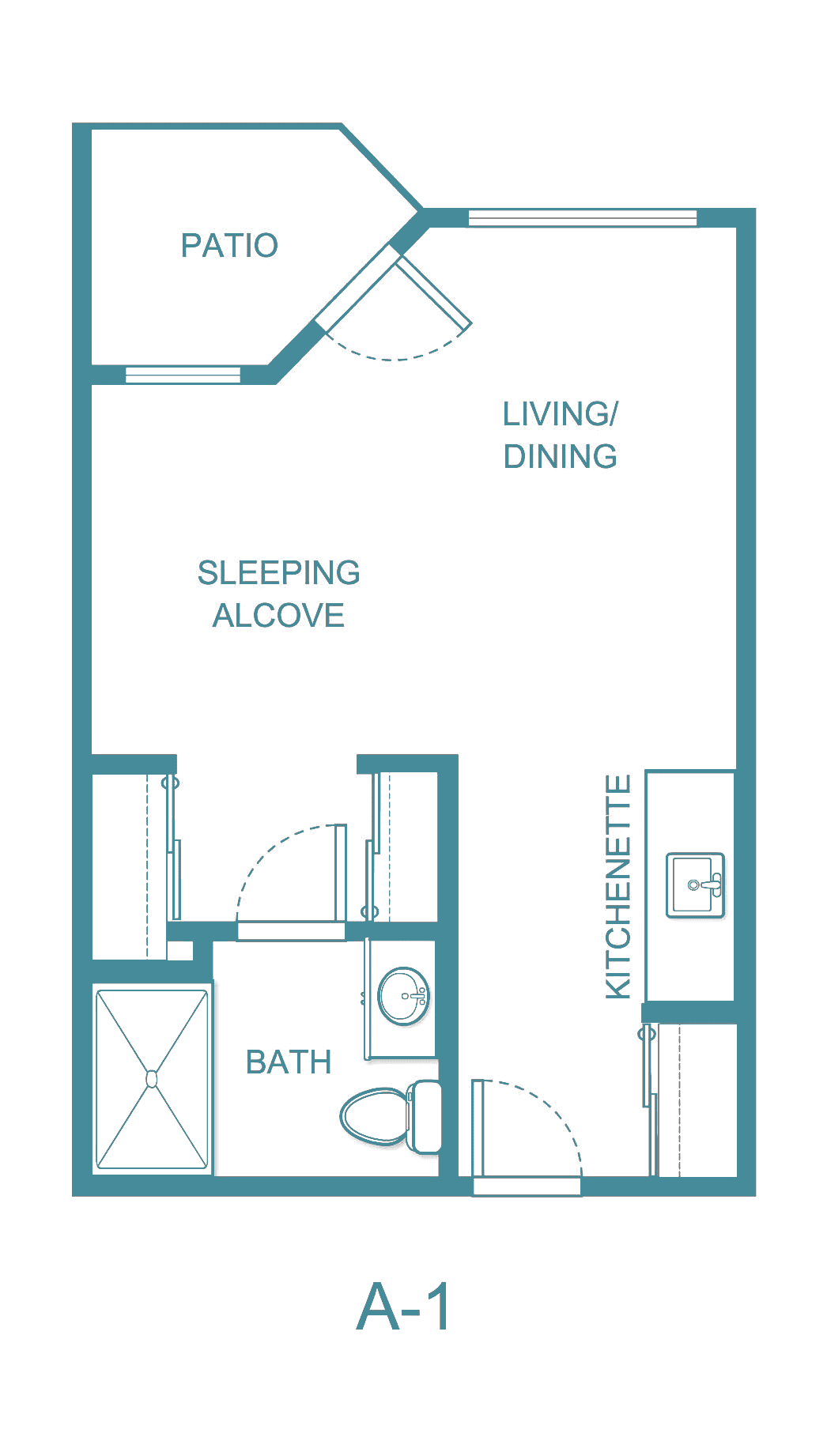 Studio apartment floor plan featuring a living/dining area, sleeping alcove, bathroom, and kitchenette.