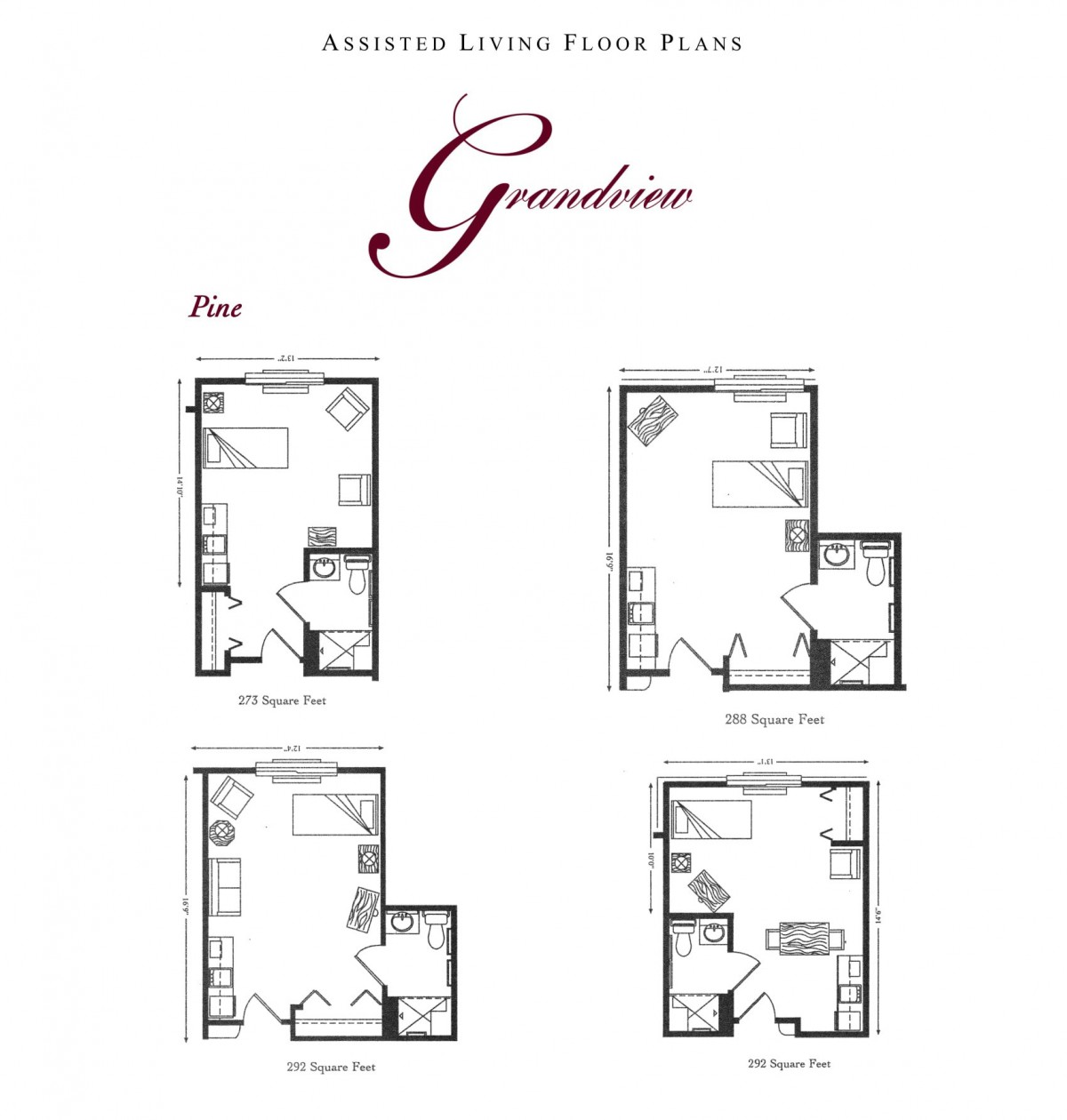 Assisted living floor plans for different apartment layouts.