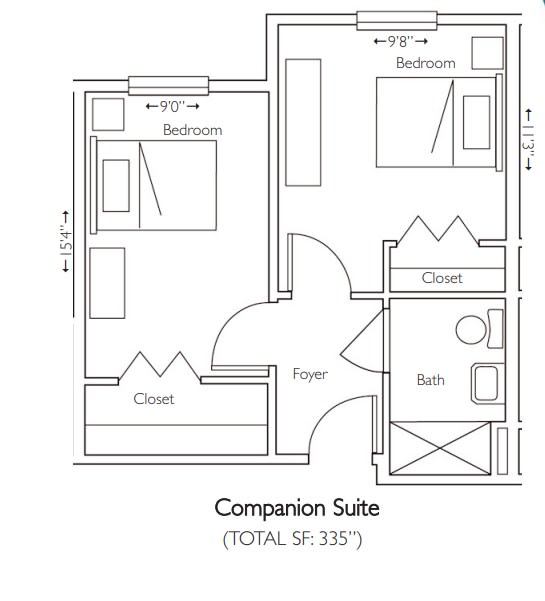 A floor plan of a companion suite featuring two bedrooms and a shared bathroom.
