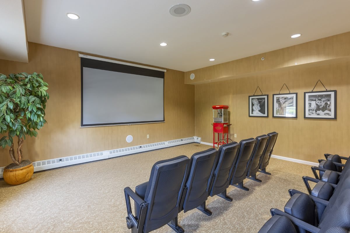 A cozy home theater setup featuring a large screen, several rows of comfortable seating, and a popcorn machine.