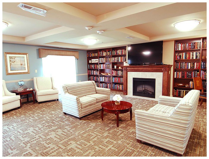A cozy living room with bookshelves, comfortable seating, a fireplace, and a television.