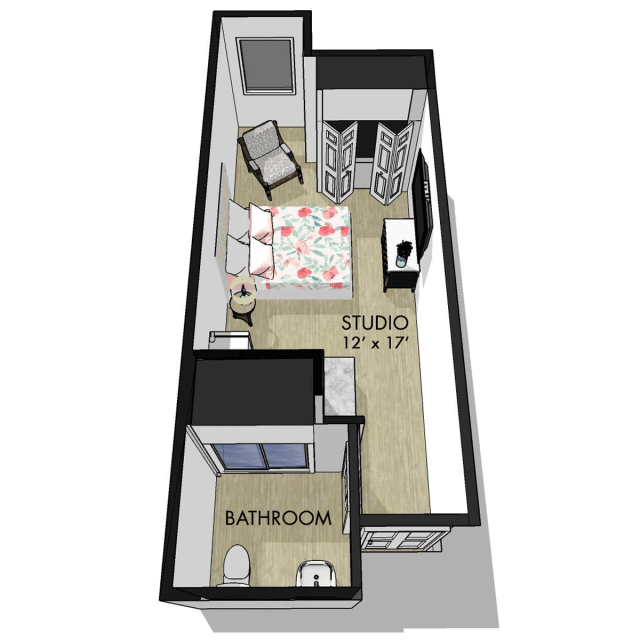 3D floor plan of a compact studio apartment featuring a bedroom area and separate bathroom.