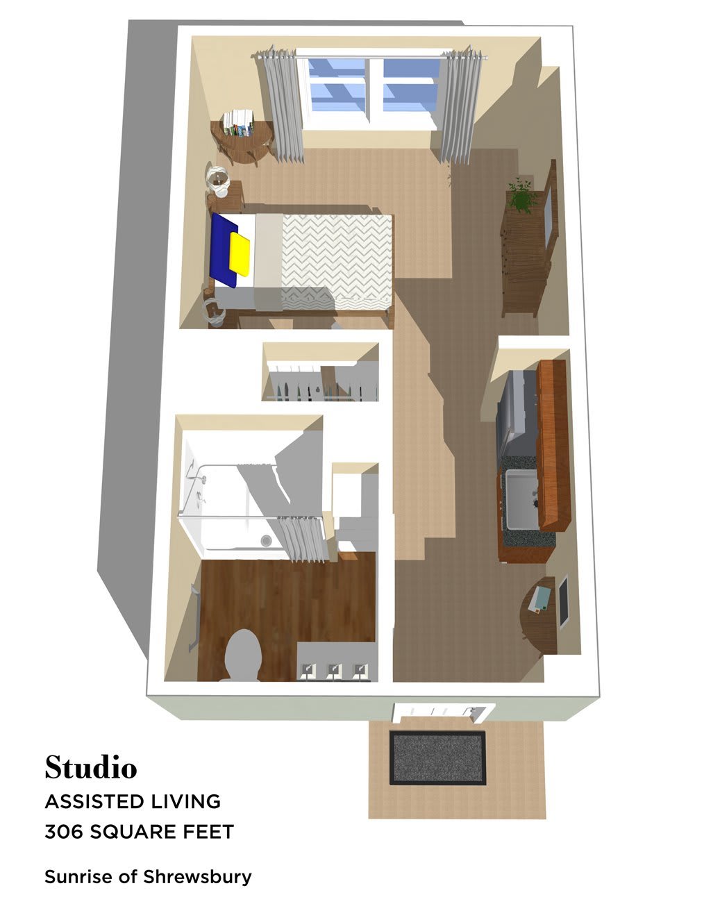 3D floor plan of a studio apartment designed for assisted living.