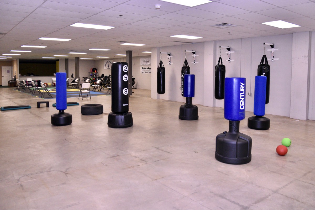 A spacious gym with several punching bags arranged for training.