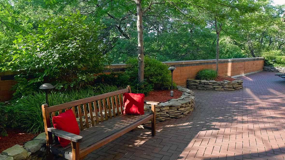 A peaceful garden setting with a wooden bench adorned with red pillows, surrounded by lush greenery and a stone-lined pathway.