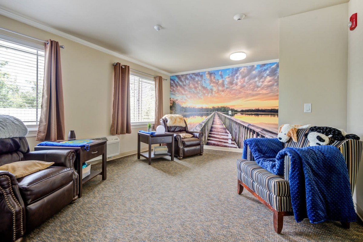 A cozy living room with comfortable seating and a scenic mural on the wall.