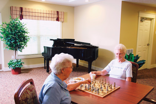 Two seniors enjoy a game of chess in a cozy setting.