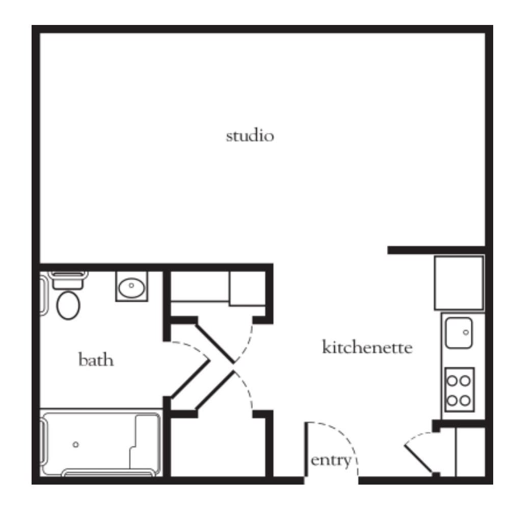A floor plan of a studio apartment featuring a bathroom and kitchenette.